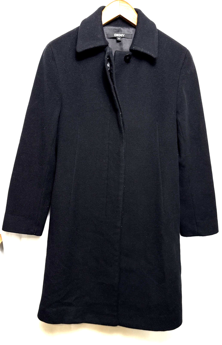 DKNY Long Black Wool Coat Size 6 Medium Tailored Fit Hidden Buttons Pockets